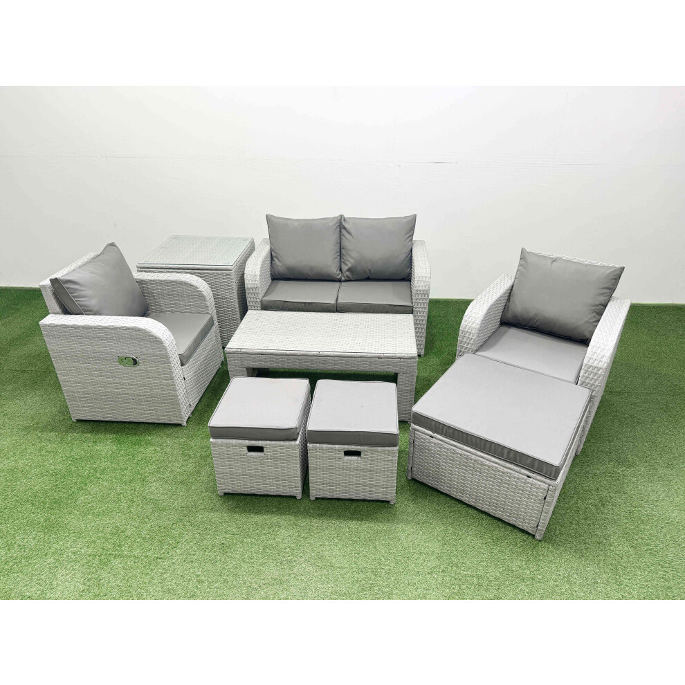 Fimous Light Grey PE Wicker Rattan Garden Furniture Set Sofa Set Reclining Adjustable Chair  7 Seater 3  Stools Side Table