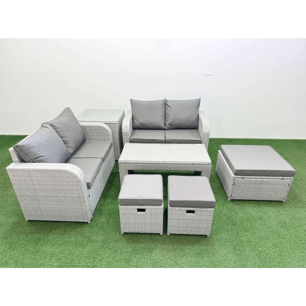 Fimous 7 Seater Outdoor Love Sofa Set Rattan Garden Furniture Set with Oblong Coffee Table 3 Footstool Side Table Light Grey