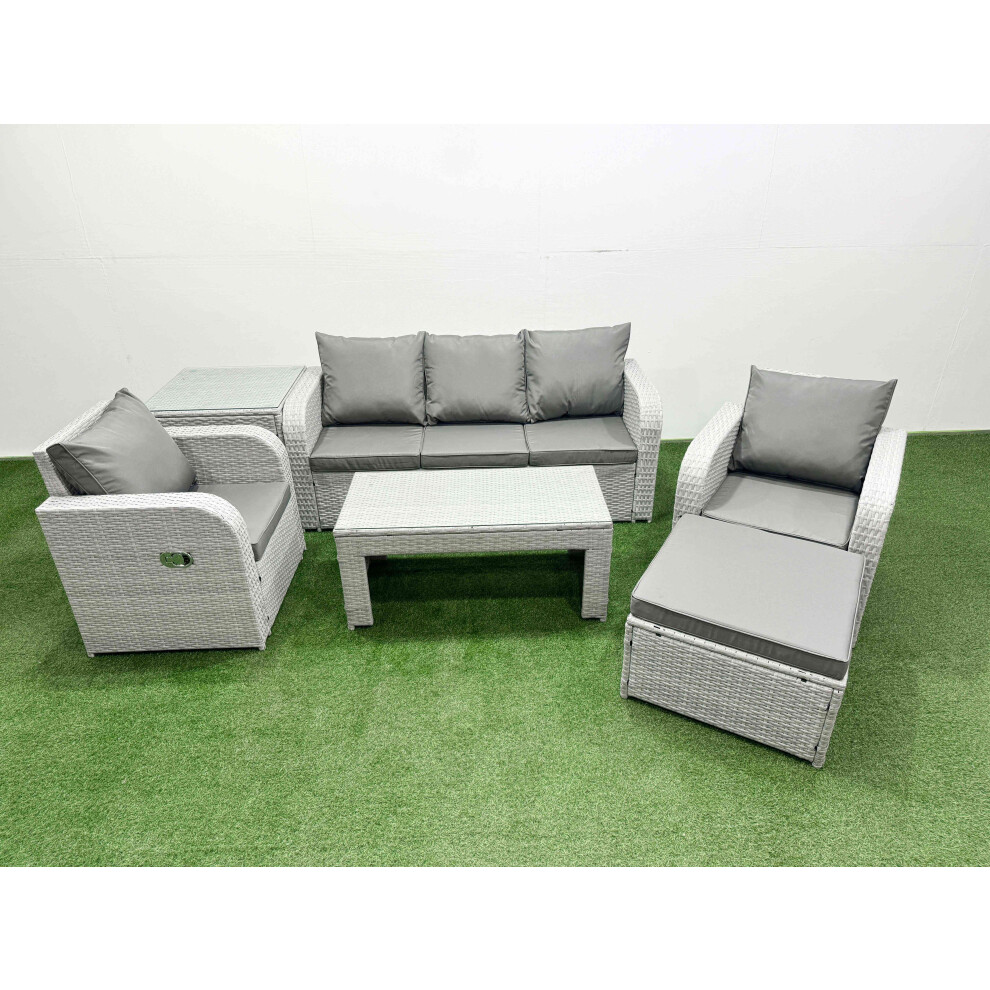 Fimous Pe Rattan Garden Furniture Set Reclining Chair Sofa Lounge Sofa Set Side Table Big Footstool Light Grey