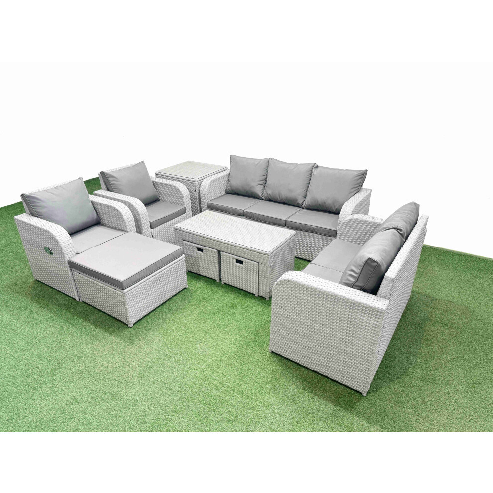 Fimous PE Rattan Garden Furniture Set Adjustable Chair Sofa Double Love Seat 2 Seater Sofa Lounge Set 3 Stools Side Table Light Grey