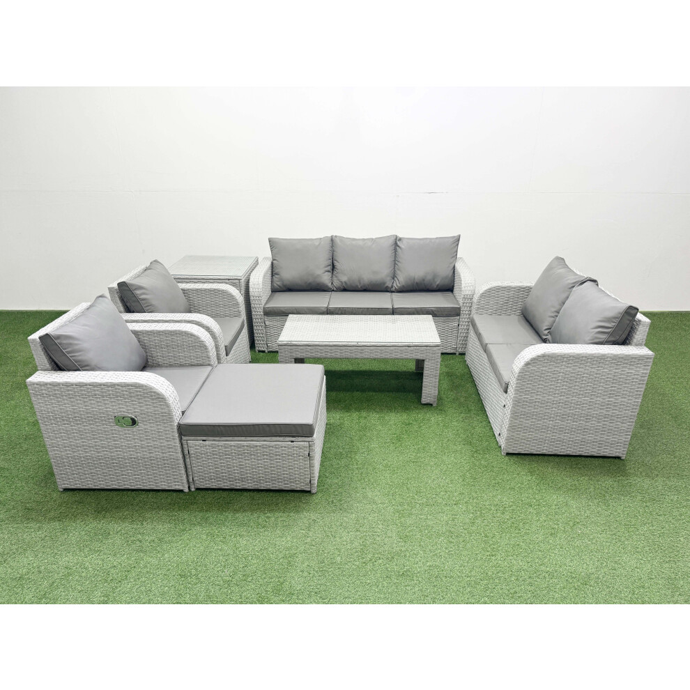 Fimous PE Rattan Garden Furniture Set Adjustable Chair Sofa Double Love Seat 2 Seater Sofa Lounge Set Big Footstool Side Table Light Grey