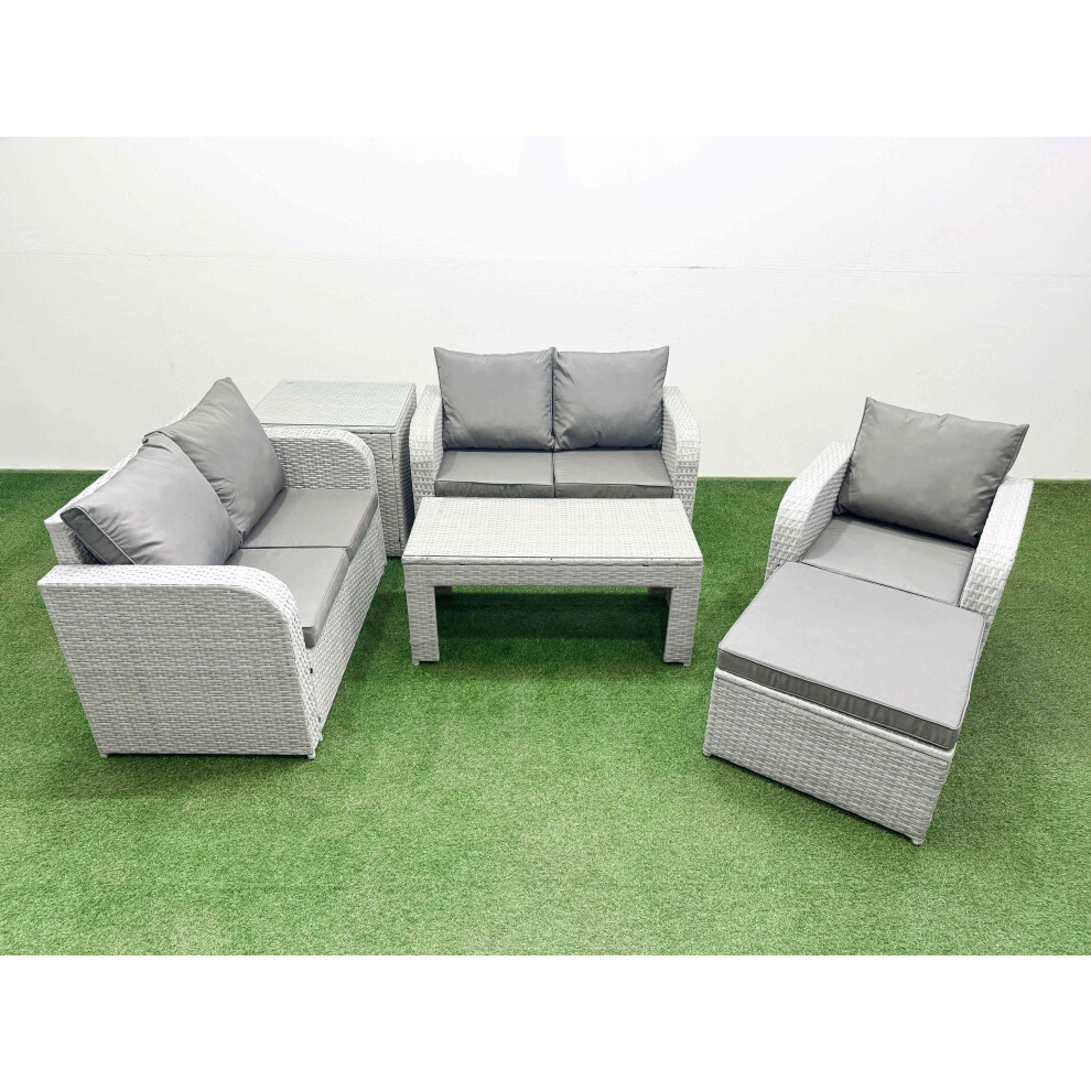 Fimous Unisex Light Grey High Back Poly Rattan Garden Furniture Set W/ Reclining Chair Loveseat Sofa Oblong Coffee Table Indoor Outdoor Patio Set Big Stool Side Table Size 1 - Image 2