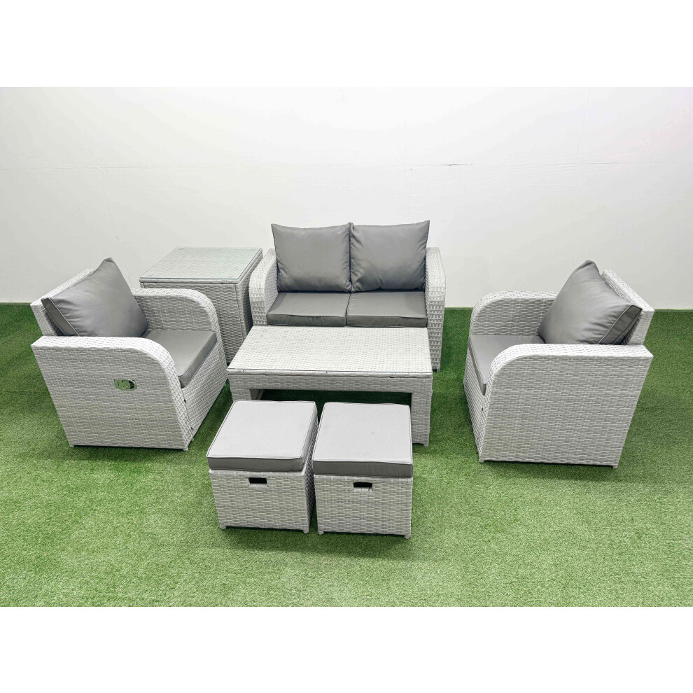 Fimous Light Grey PE Wicker Rattan Garden Furniture Set Sofa Set Reclining Adjustable Chair  6 Seater 2 Small Stools Side Table