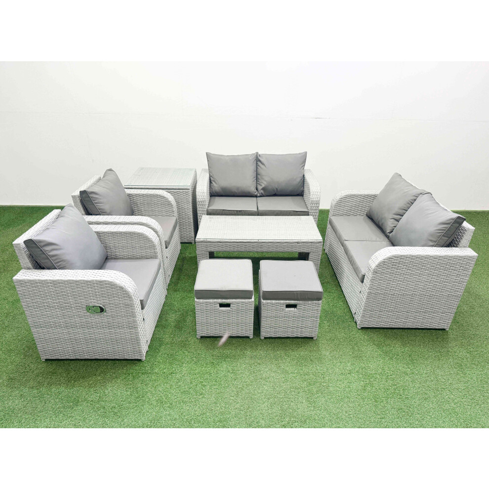 Fimous 8 Seater Outdoor Reclining Chair Love Sofa Set Rattan Garden Furniture Set with Oblong Coffee Table 2 Stools Side Table