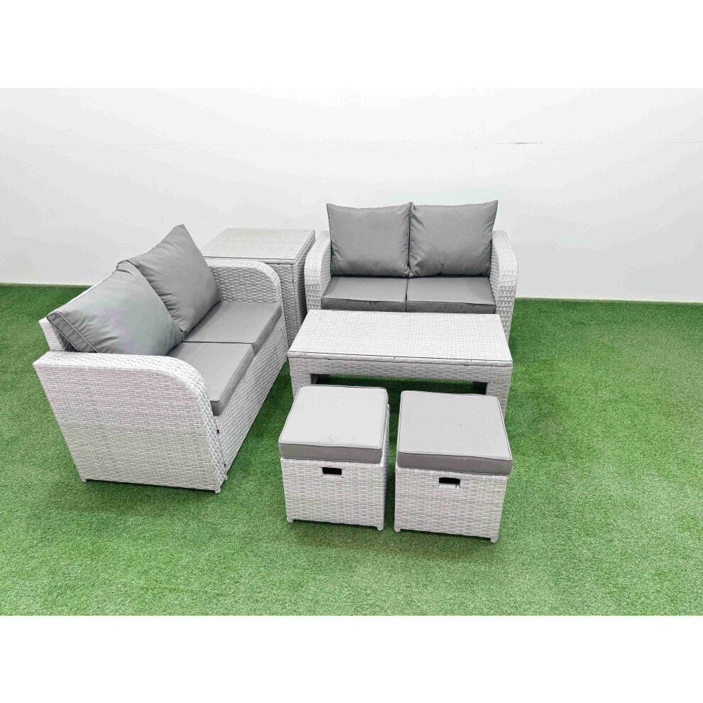 Fimous 6 Seater Outdoor Love Sofa Set Rattan Garden Furniture Set with Oblong Coffee Table 2 Small Stools Side Table