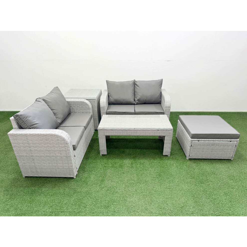 Fimous 5 Seater Outdoor Love Sofa Set Rattan Garden Furniture Set with Oblong Coffee Table Big Footstool Side Table Light Grey