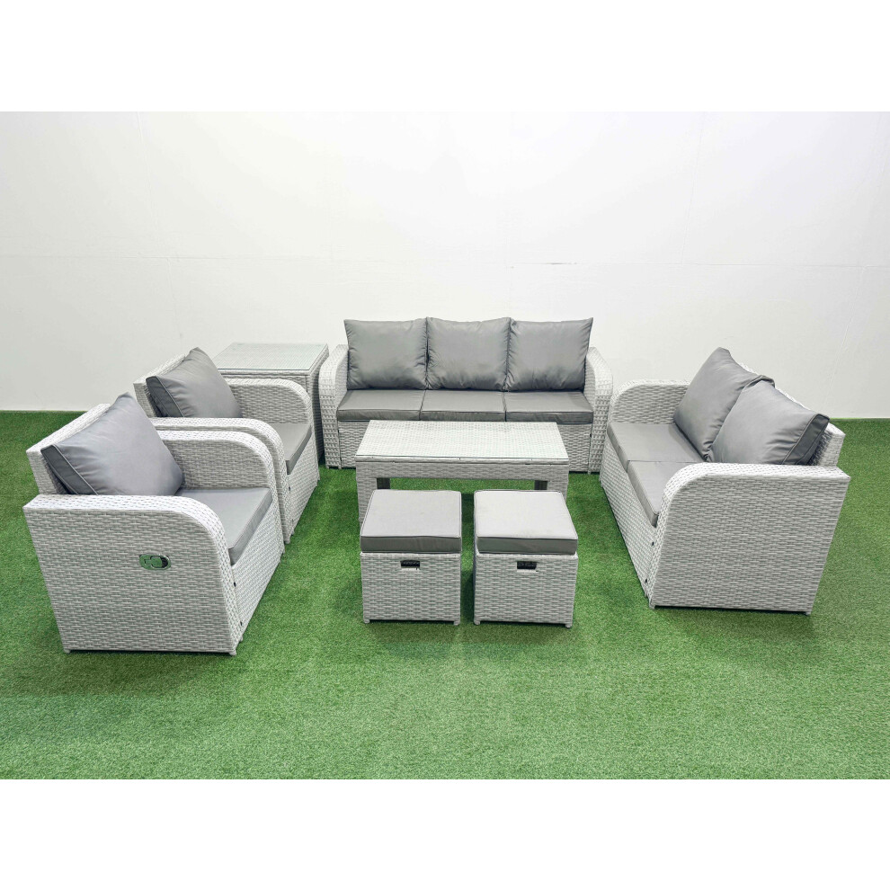 Fimous PE Rattan Garden Furniture Set Adjustable Chair Sofa Double Love Seat 2 Seater Sofa Lounge Set 2 Stools Side Table Light Grey