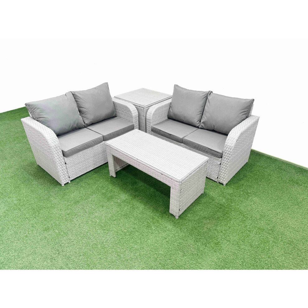 Fimous 4 Seater Outdoor Love Sofa Set Rattan Garden Furniture Set with Oblong Coffee Table Side Table Light Grey