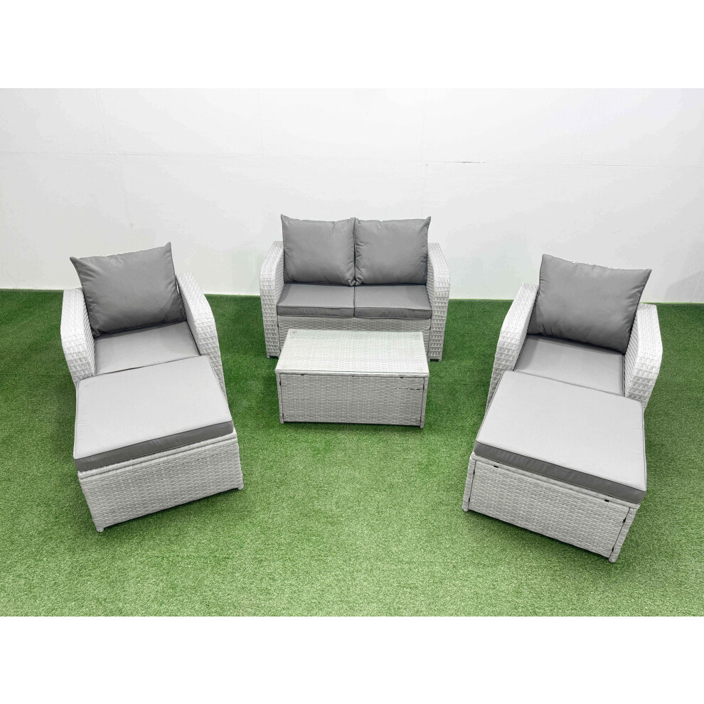 Fimous PE Wicker Rattan Garden Furniture Set Sofa Set Reclining Adjustable Chair Rectangular Coffee Table 6 Seater 3 Big Stools