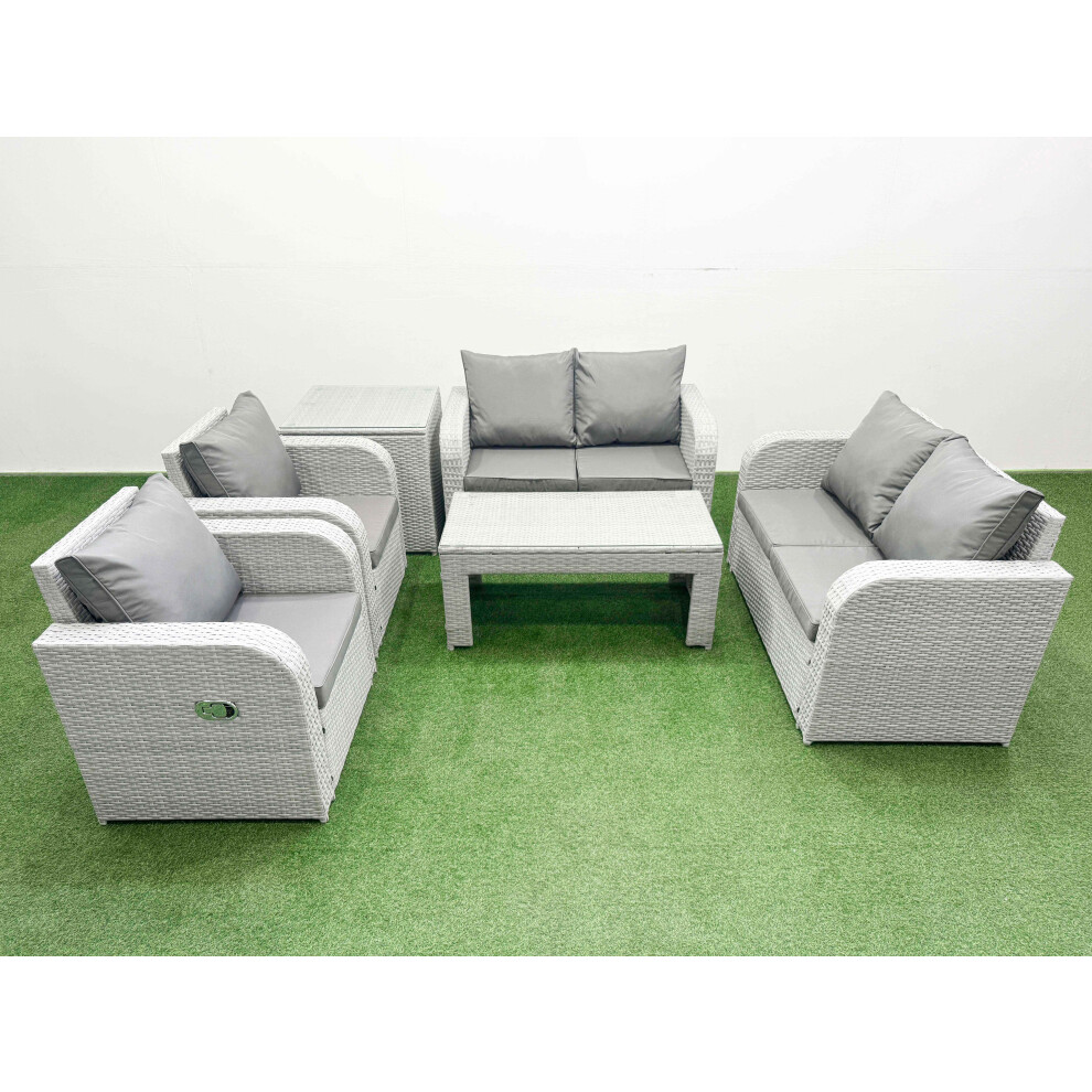 Fimous 6 Seater Outdoor Reclining Chair Love Sofa Set Rattan Garden Furniture Set with Oblong Coffee Table Side Table Light Grey