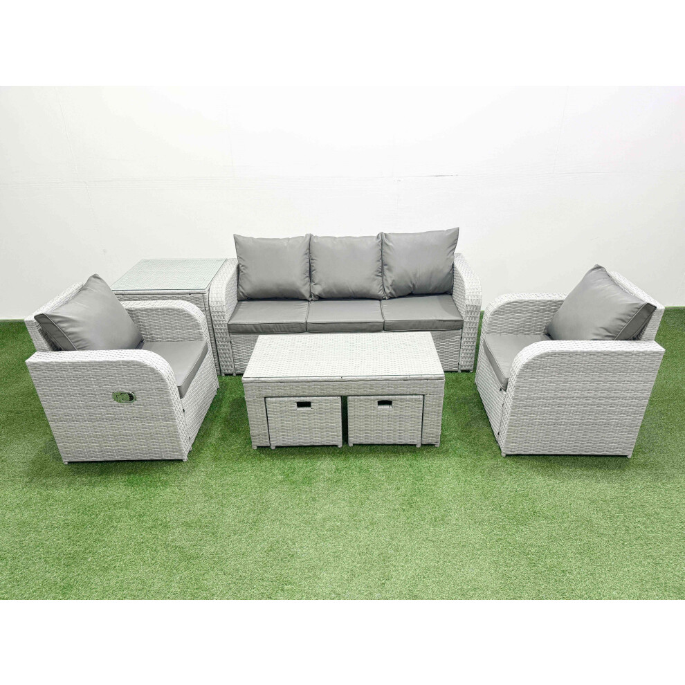 Fimous PE Rattan Garden Furniture Set Reclining Chair Sofa Lounge Sofa Set Side Table 2 Small Stools Light Grey