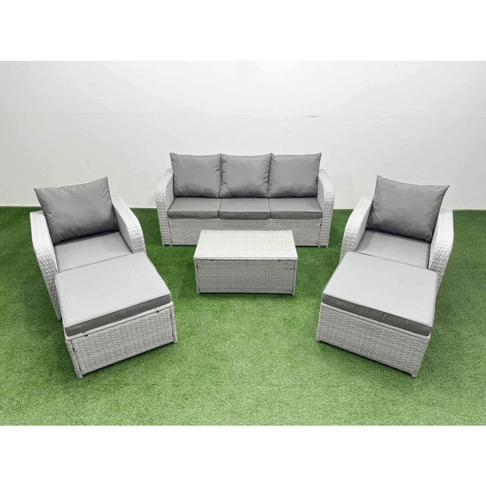 Fimous PE Rattan Garden Furniture Set Reclining Chair Sofa Lounge Sofa Set Oblong Coffee Table 2 Big Footstool Light Grey