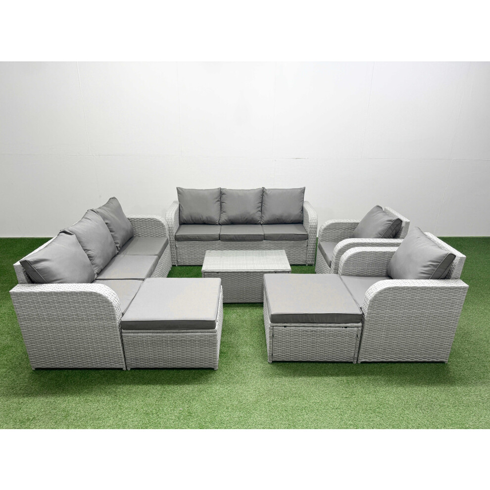 Fimous PE Rattan High Back Lounge Sofa Set Patio Coffee Table & Chairs Set with 3 Seater Sofa Reclining Chair 2 Big Footstool Light Grey