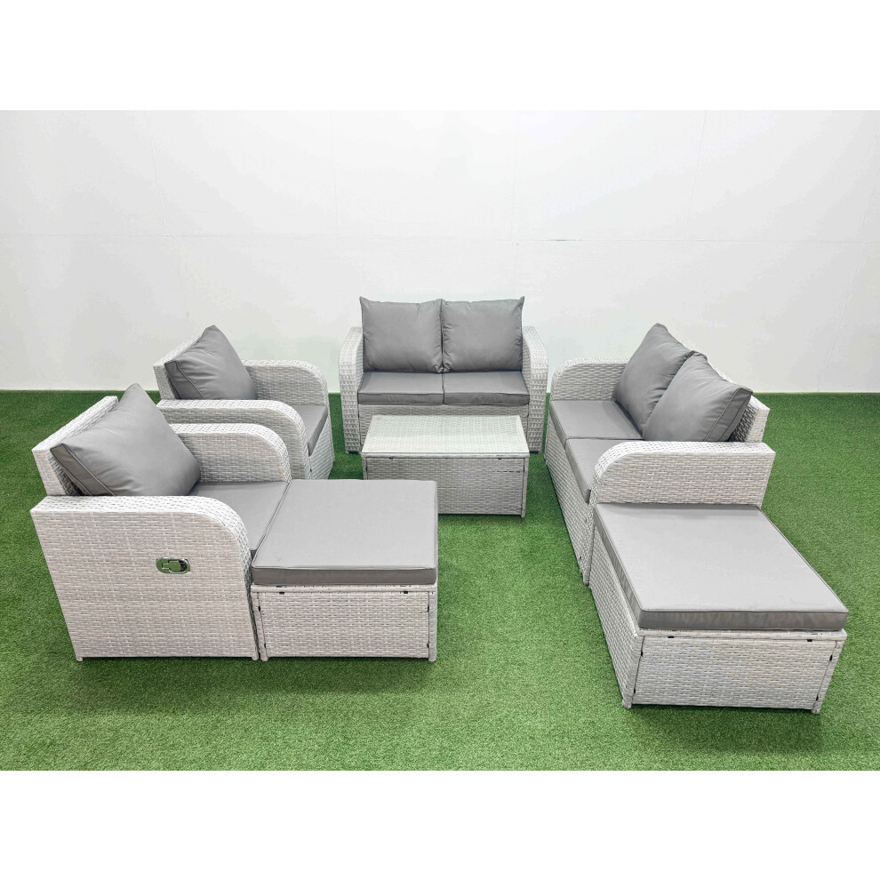 Fimous 8 Seater Outdoor Reclining Chair Love Sofa Set Rattan Garden Furniture Set with Rectangular Coffee Table 2 Big FootStools