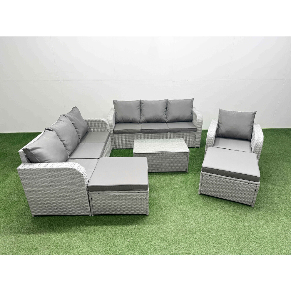 Fimous 9 Seater Poly Rattan Outdoor Garden Furniture Sofa Set Patio 3 Seater Sofa Reclining Chair 3 Seater Sofa 2 Big Footstools Light Grey