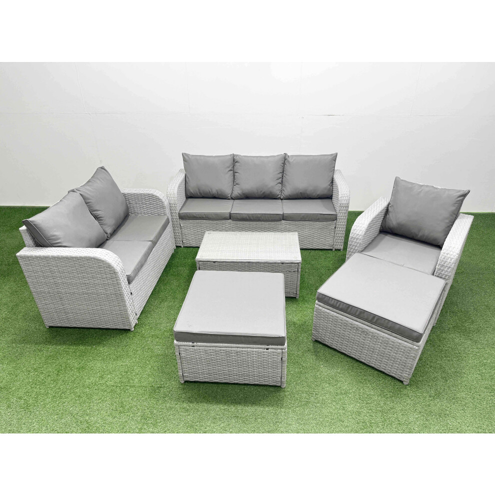 Fimous Patio PE Wicker 8 Seater Outdoor Rattan Furniture Sofa Sets with Rectangular Coffee Table 3 Seater Sofa 2 Big Footstools Light Grey