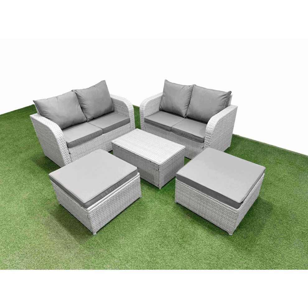 Fimous 6 Seater Outdoor Love Sofa Set Rattan Garden Furniture Set with Rectangular Coffee Table 2 Footstool Light Grey