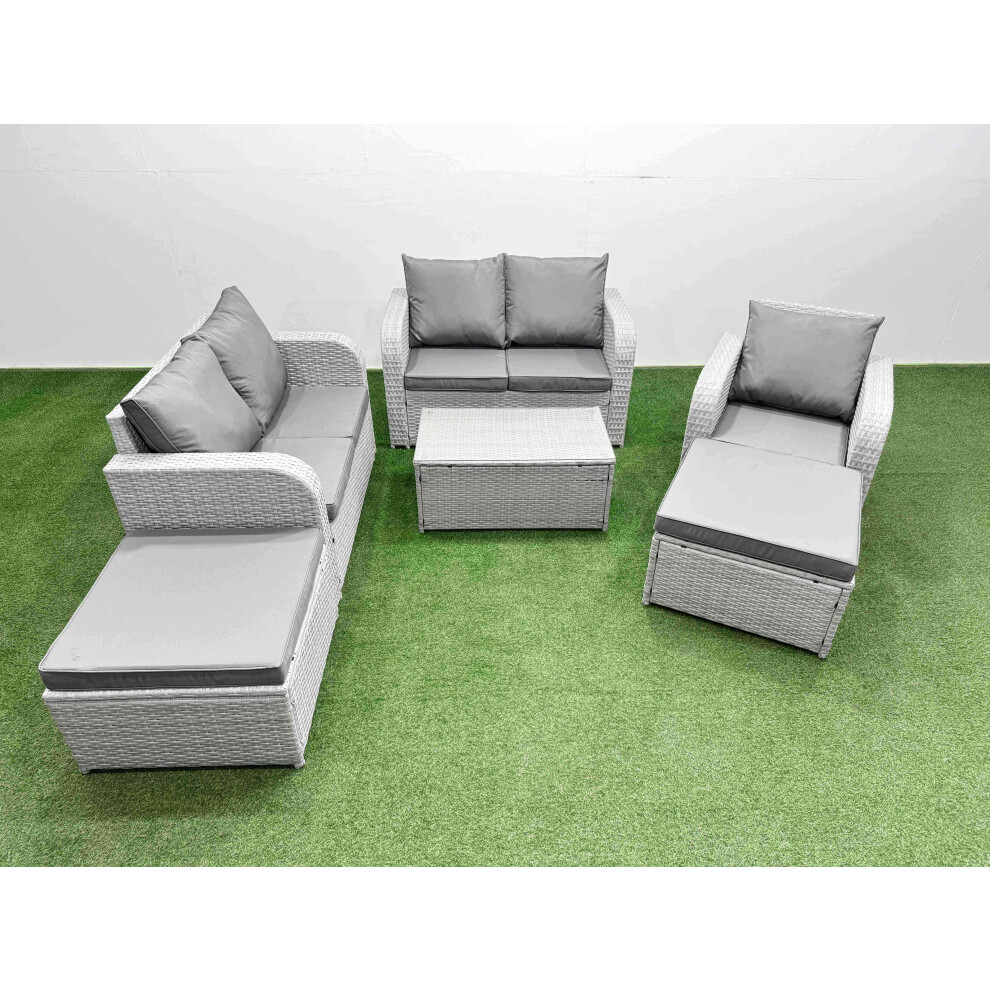 Fimous High Back Poly Rattan Garden Furniture Set with Rectangular Coffee Table Indoor Outdoor Patio  Set 2 Big Stool Light Grey