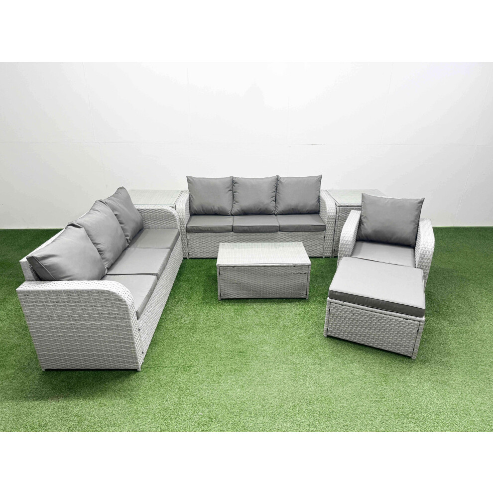 Fimous 8 Seater Poly Rattan Outdoor Garden Furniture Sofa Set Patio 3 Seater Sofa Reclining Chair 3 Seater Sofa Big Footstool 2 Side Table