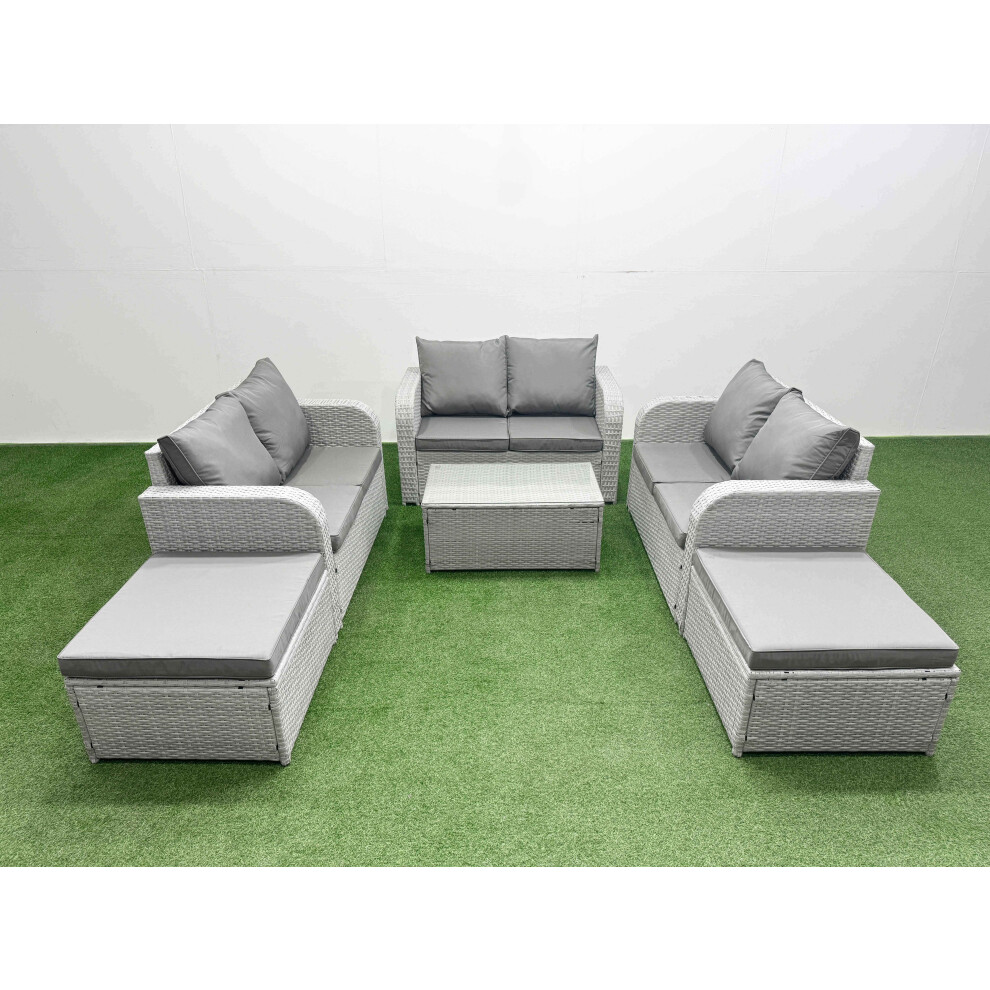 Fimous  8 Seater PE Wicker Rattan Furniture Sofa Sets with Rectangular Coffee Table 2 Seater Love Sofa 2 Big Footstool Light Grey