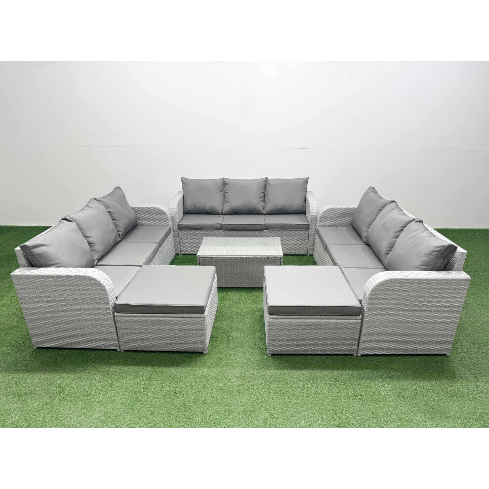 Fimous PE Rattan Lounge Sofa Set 11 Seater Outdoor Garden Furniture Set with Rectangular Coffee Table 3 Seater Sofa 2 Big Footstools