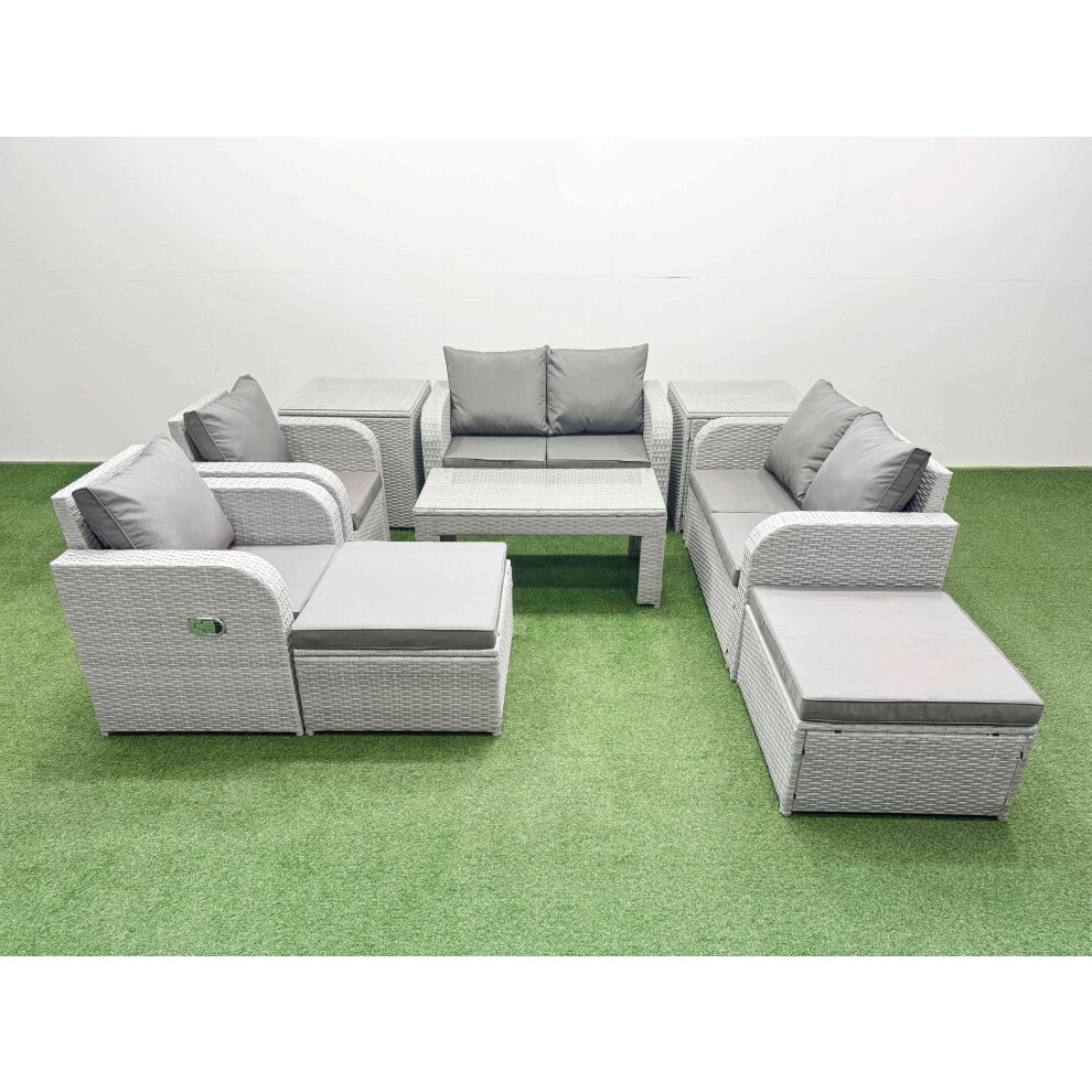 Fimous 8 Seater Outdoor Reclining Chair Love Sofa Set Rattan Garden Furniture Set with 2 Big FootStools  2 Side Table Light Grey