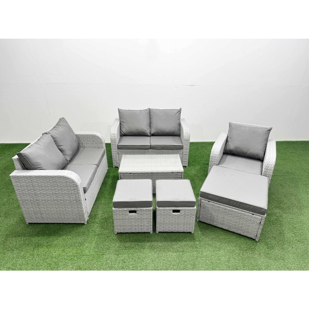 Fimous High Back Poly Rattan Garden Furniture Set with Rectangular Coffee Table Indoor Outdoor Patio  Set 3 Stools Light Grey