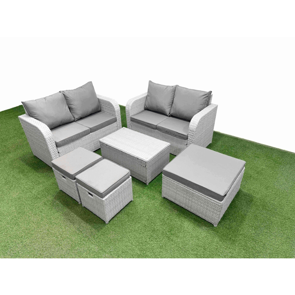 Fimous 7 Seater Outdoor Love Sofa Set Rattan Garden Furniture Set with Rectangular Coffee Table 3 Footstool Light Grey