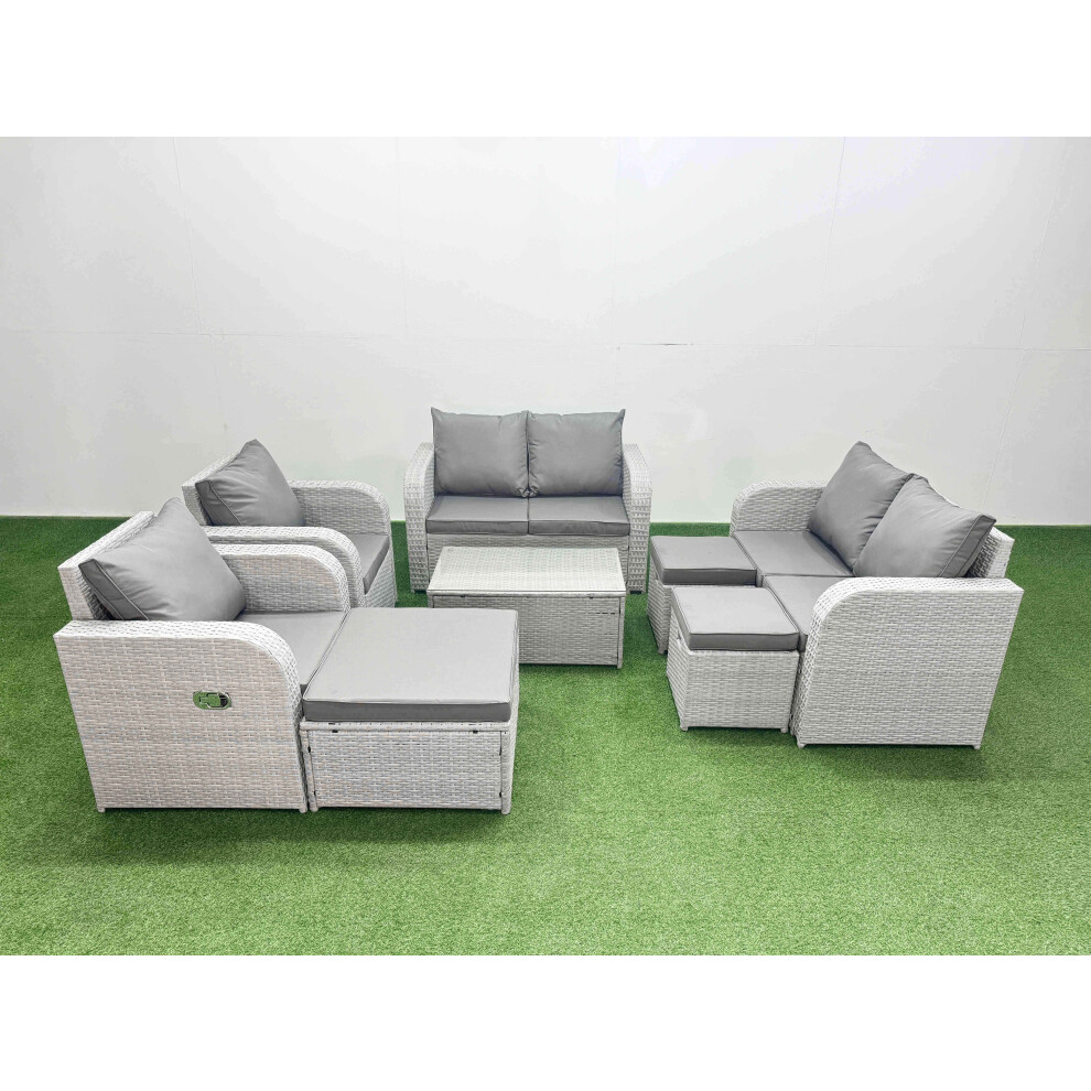 Fimous Light/Grey 9 Seater Outdoor Reclining Chair Love Sofa Set Rattan Garden Furniture Set With Rectangular Coffee Table 3 Stools - Image 2