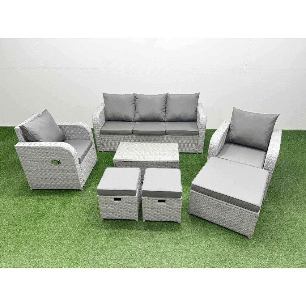 Fimous PE Rattan Garden Furniture Set Reclining Chair Sofa Lounge Sofa Set Oblong Coffee Table 3 Stools Light Grey