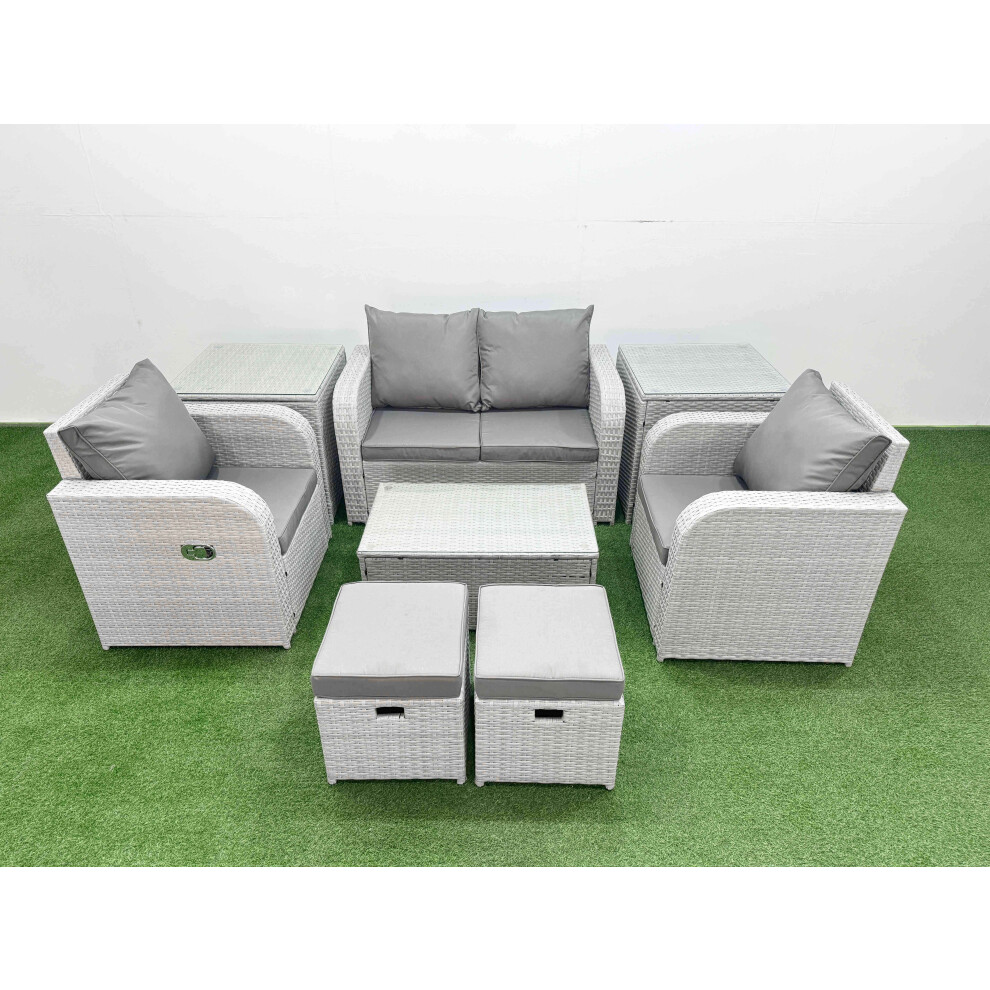 Fimous PE Wicker Rattan Garden Furniture Set Sofa Set Reclining Adjustable Chair Rectangular Coffee Table 6 Seater 2 Small Stools 2 Side Table