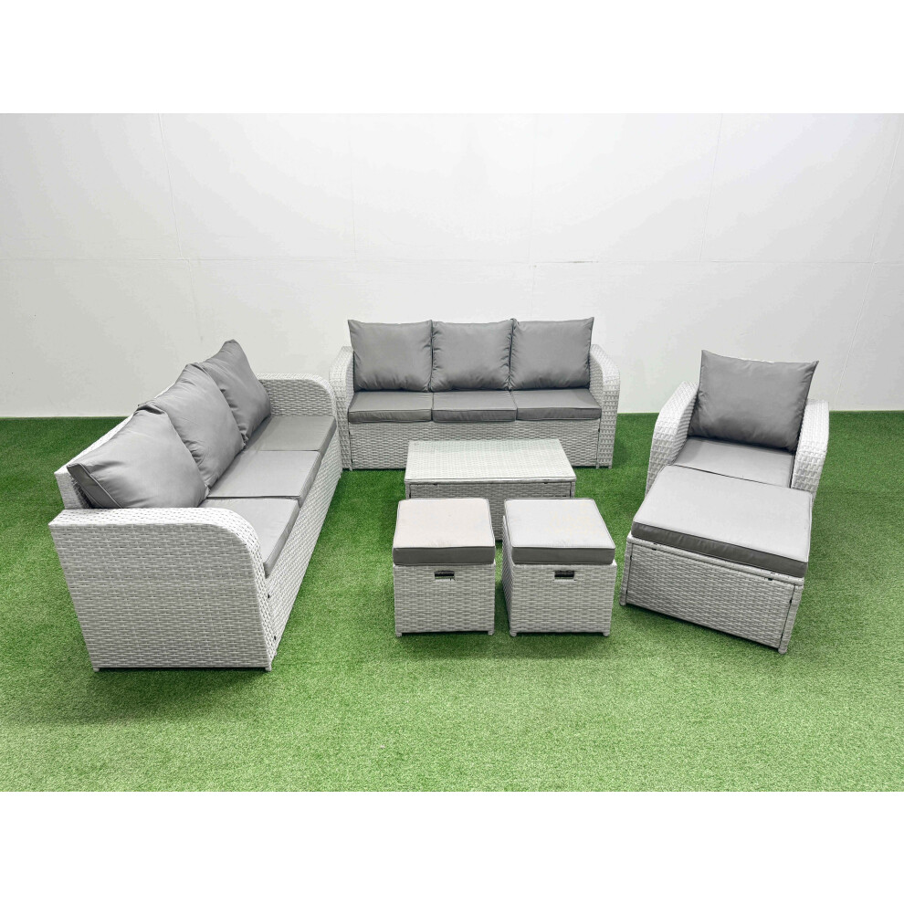 Fimous 10 Seater Poly Rattan Outdoor Garden Furniture Sofa Set Patio 3 Seater Sofa Reclining Chair 3 Seater Sofa 3 Stools Light Grey