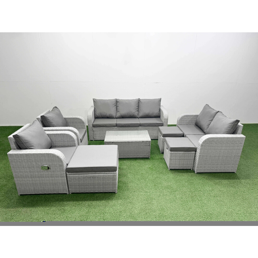 Fimous PE Rattan Garden Furniture Set Adjustable Chair Sofa Double Love Seat 2 Seater Sofa Lounge Set Oblong Coffee Table 3 Stools Light Grey