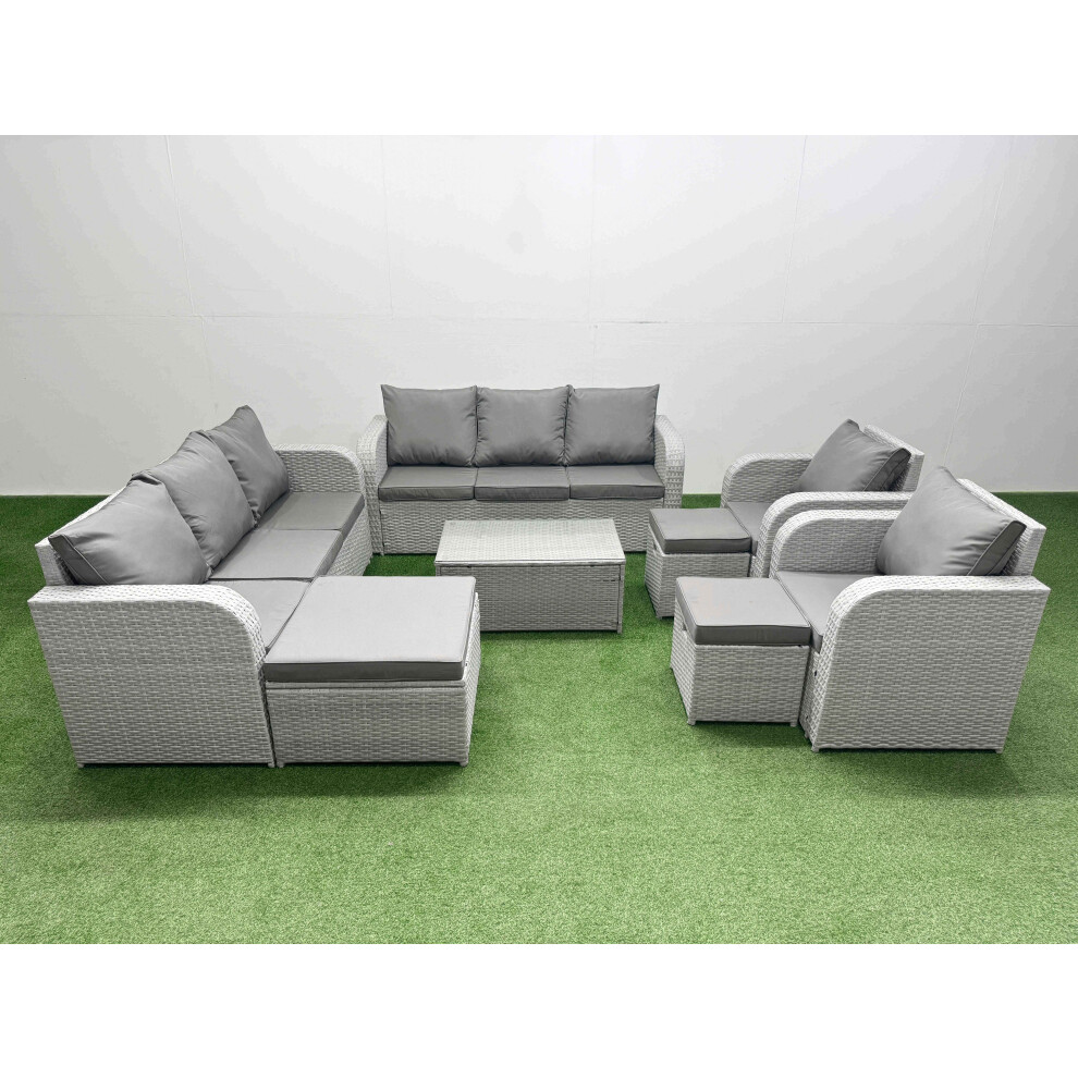 Fimous PE Rattan High Back Lounge Sofa Set Patio Coffee Table & Chairs Set with 3 Seater Sofa Reclining Chair 3 Stools Light Grey