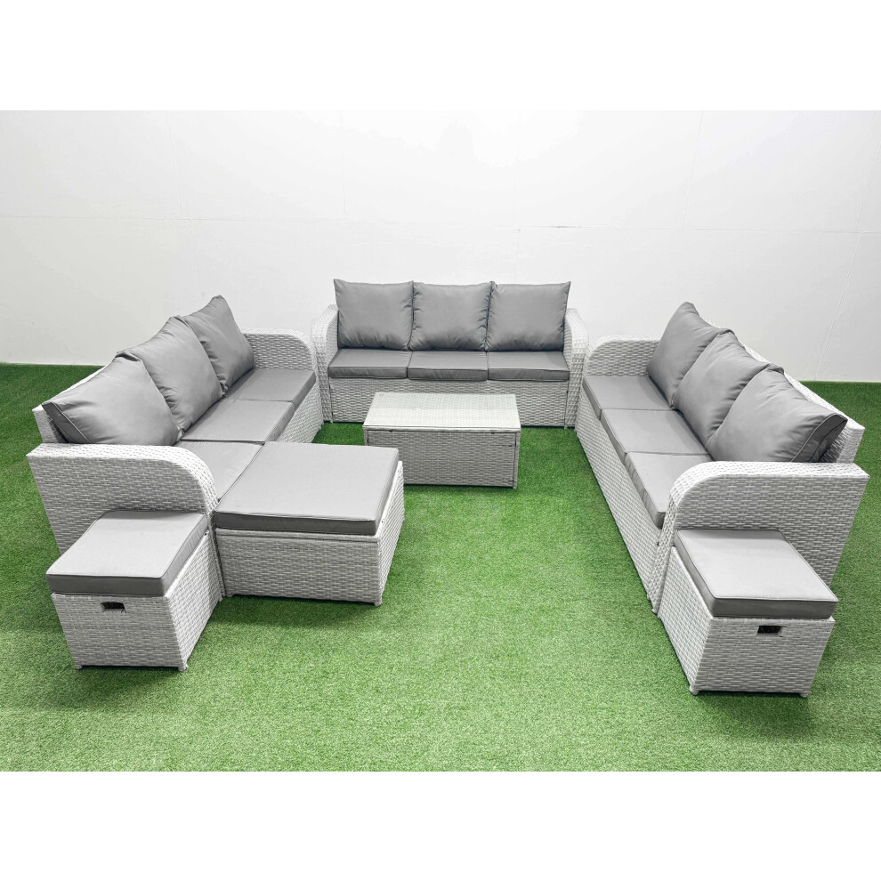 Fimous PE Rattan Lounge Sofa Set 12 Seater Outdoor Garden Furniture Set with Rectangular Coffee Table 3 Seater Sofa 3 Stools Light Grey