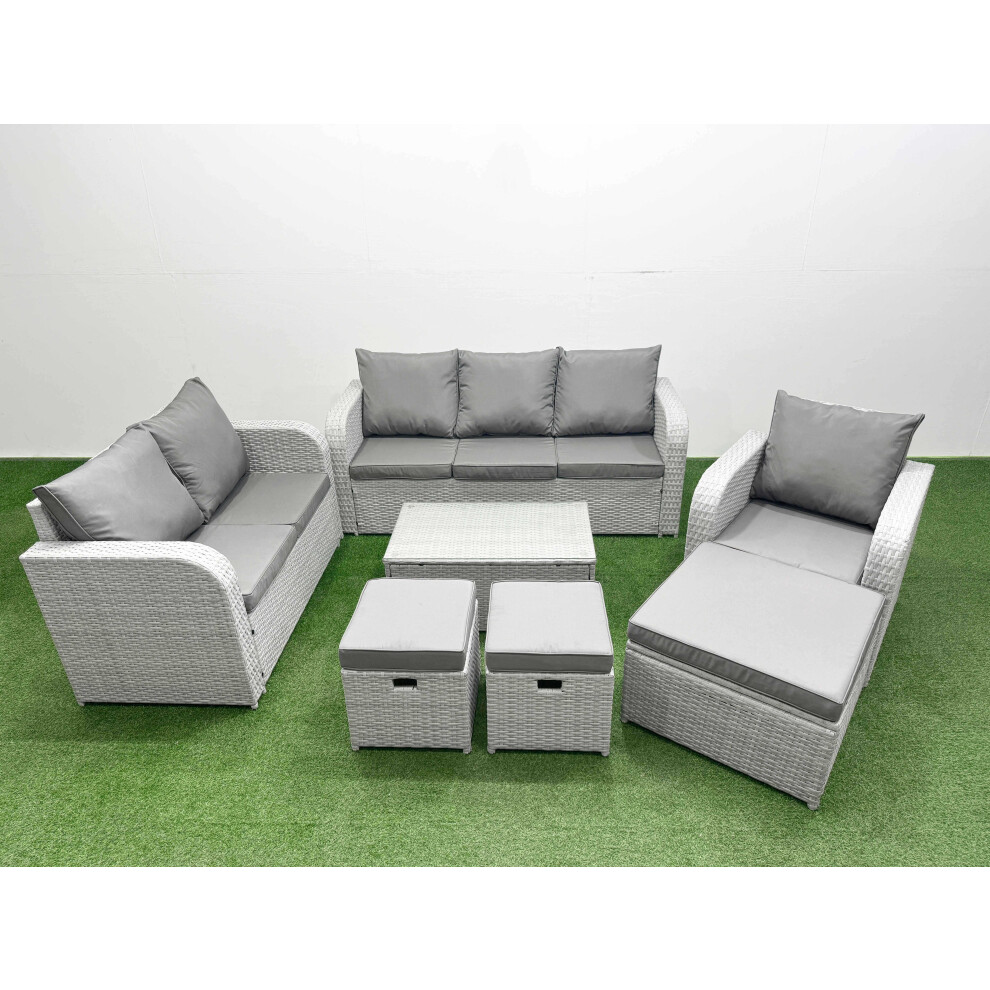 Fimous Patio PE Wicker 9 Seater Outdoor Rattan Furniture Sofa Sets with Rectangular Coffee Table 3 Seater Sofa Stool Light Grey