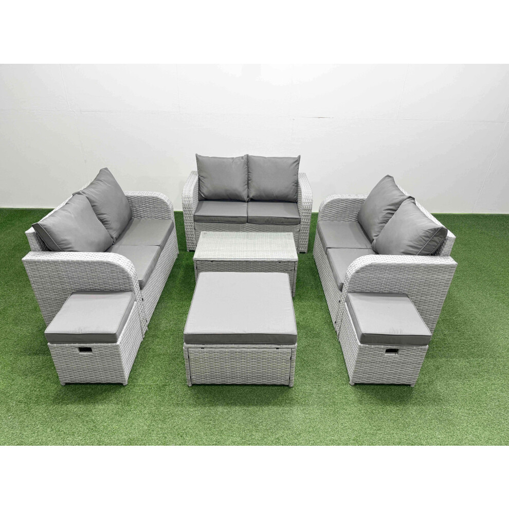 Fimous  9 Seater PE Wicker Rattan Furniture Sofa Sets with Rectangular Coffee Table 2 Seater Love Sofa 3 Stool Light Grey