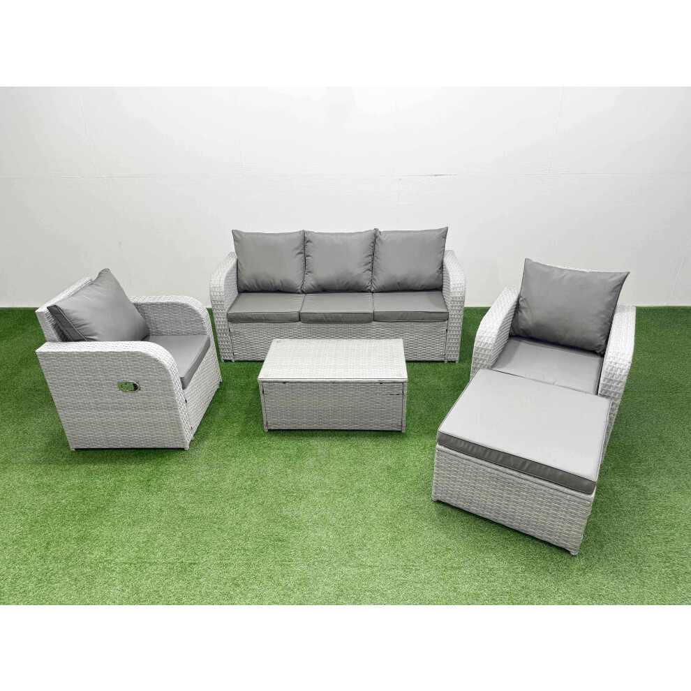 Fimous PE Rattan Garden Furniture Set Reclining Chair Sofa Lounge Sofa Set Oblong Coffee Table Big Footstool Light Grey