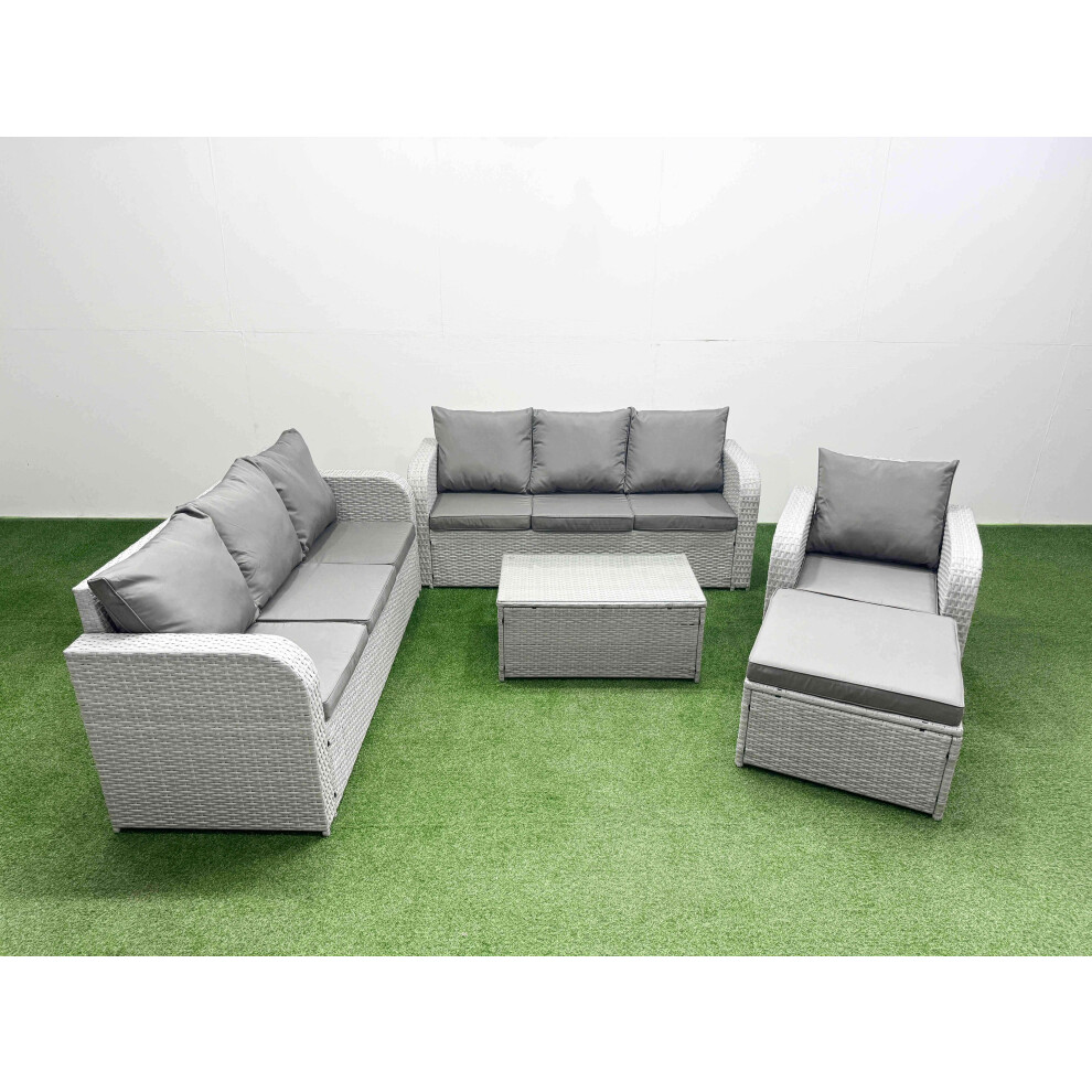 Fimous 8 Seater Poly Rattan Outdoor Garden Furniture Sofa Set Patio 3 Seater Sofa Reclining Chair 3 Seater Sofa Big Footstool Light Grey