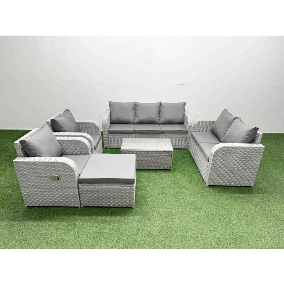 Fimous Pe Rattan Garden Furniture Set Adjustable Chair Sofa Double Love Seat 2 Seater Sofa Lounge Set Oblong Coffee Table Big Footstool