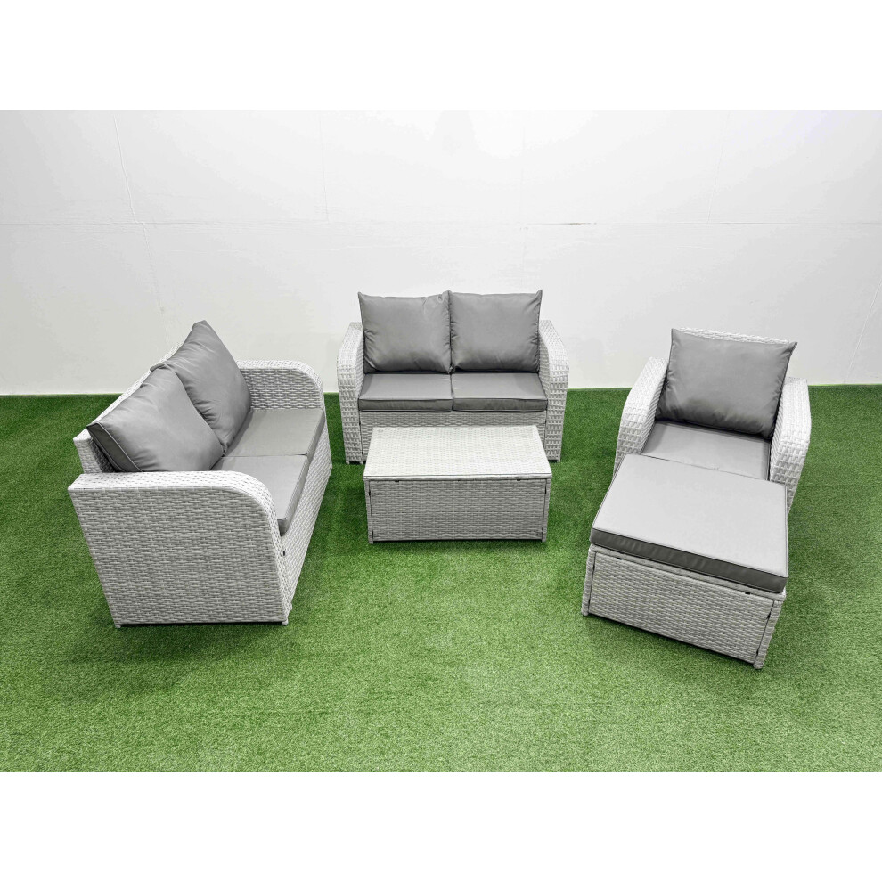 Fimous High Back Poly Rattan Garden Furniture Set with Rectangular Coffee Table Indoor Outdoor Patio  Set Big Stool Light Grey