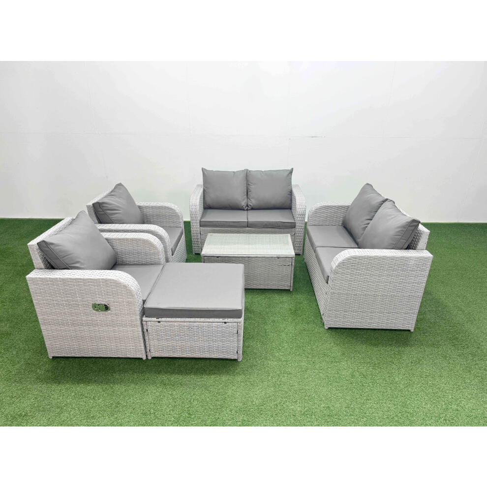 Fimous 7 Seater Outdoor Reclining Chair Love Sofa Set Rattan Garden Furniture Set with Rectangular Coffee Table Footstool Light Grey