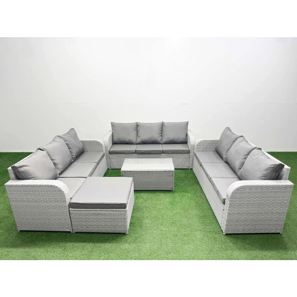 Fimous PE Rattan Lounge Sofa Set 10 Seater Outdoor Garden Furniture Set with Rectangular Coffee Table 3 Seater Sofa Big Footstool Light Grey