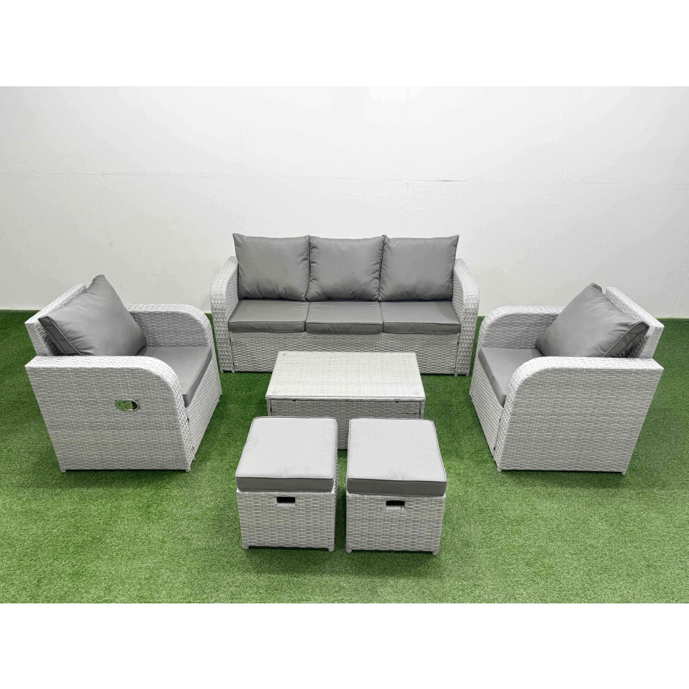 Fimous PE Rattan Garden Furniture Set Reclining Chair Sofa Lounge Sofa Set Oblong Coffee Table 2 Small Stools Light Grey