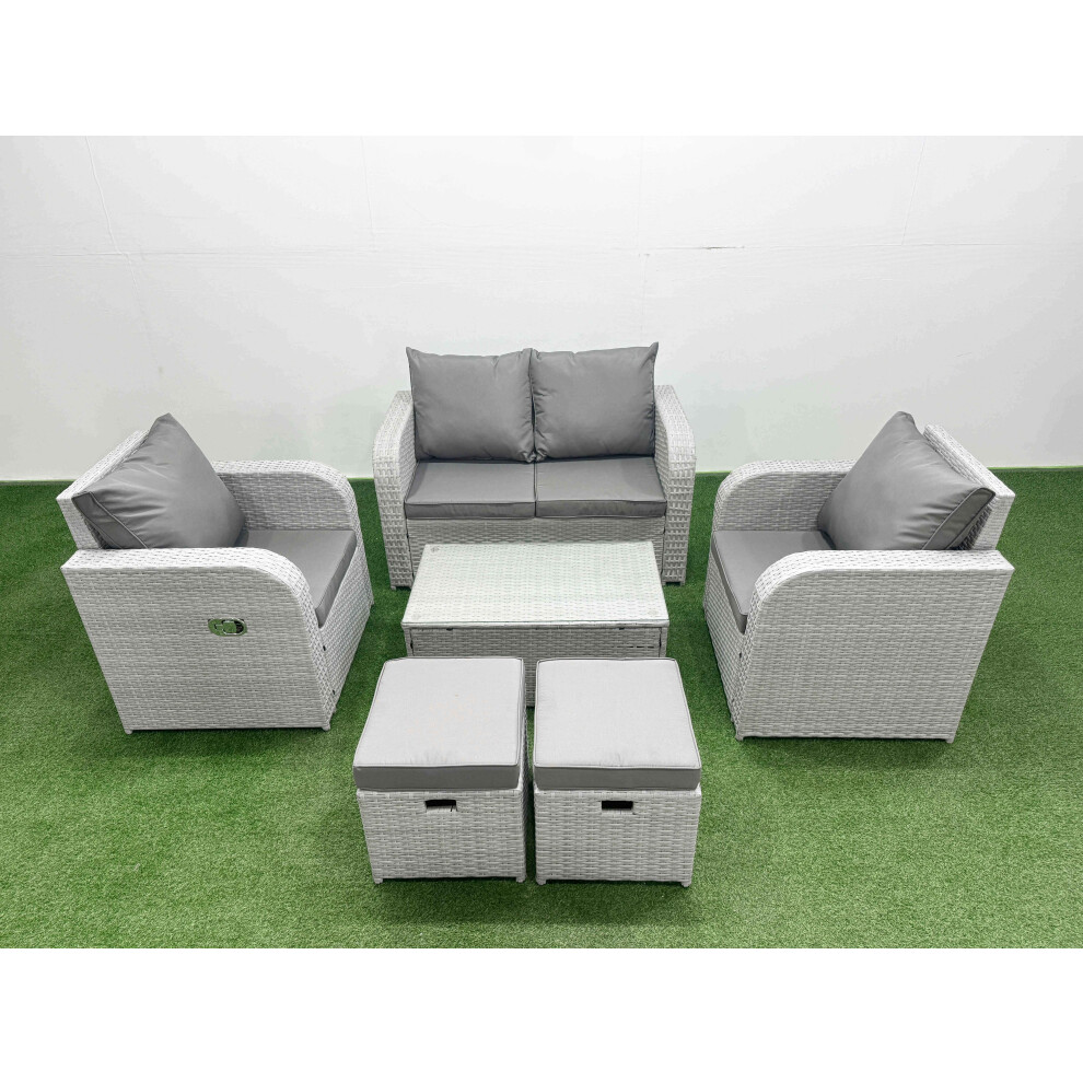 Fimous PE Wicker Rattan Garden Furniture Set Sofa Set Reclining Adjustable Chair Rectangular Coffee Table 6 Seater 2 Small Stools