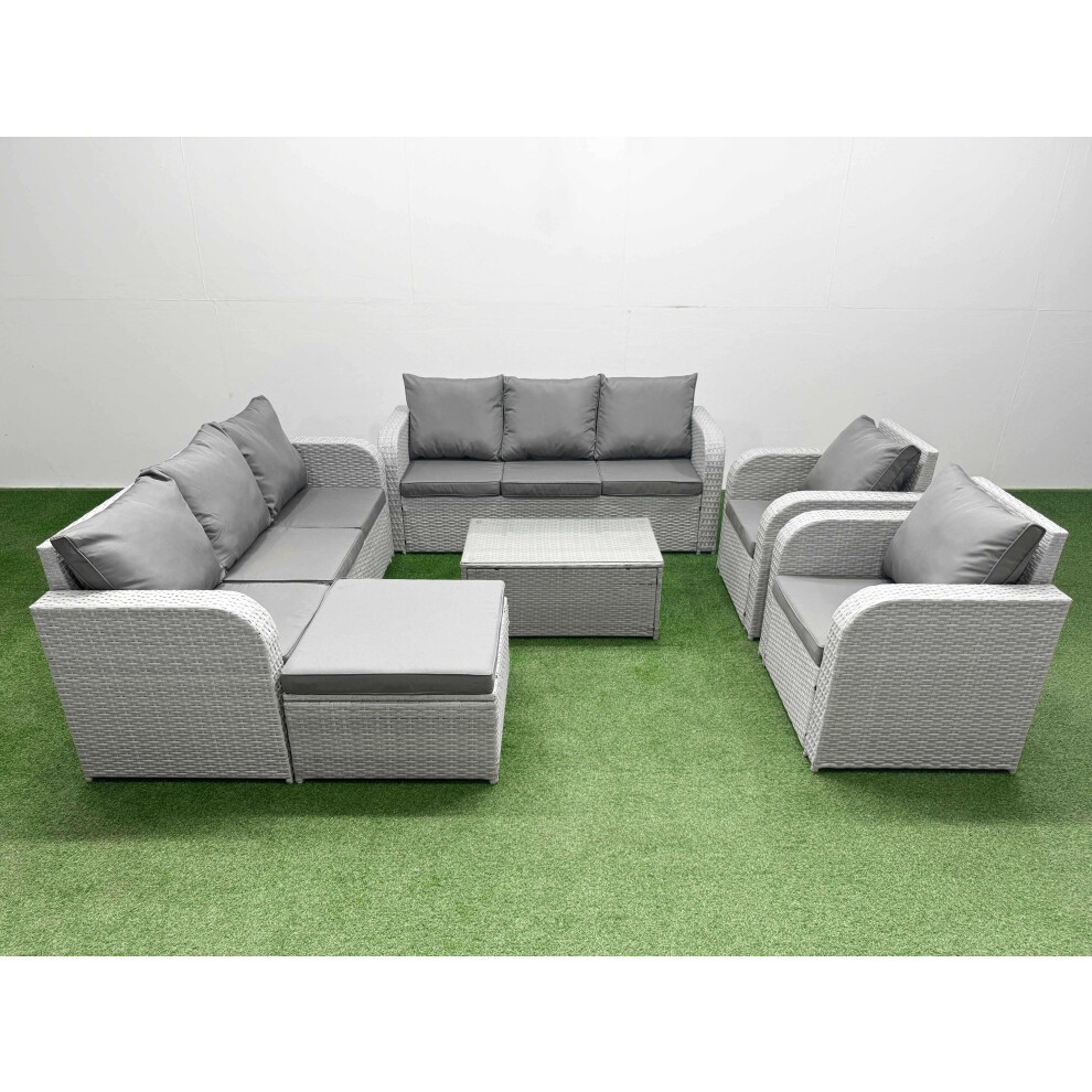 Fimous PE Rattan High Back Lounge Sofa Set Patio Coffee Table & Chairs Set with 3 Seater Sofa Reclining Chair Big Footstool Light Grey