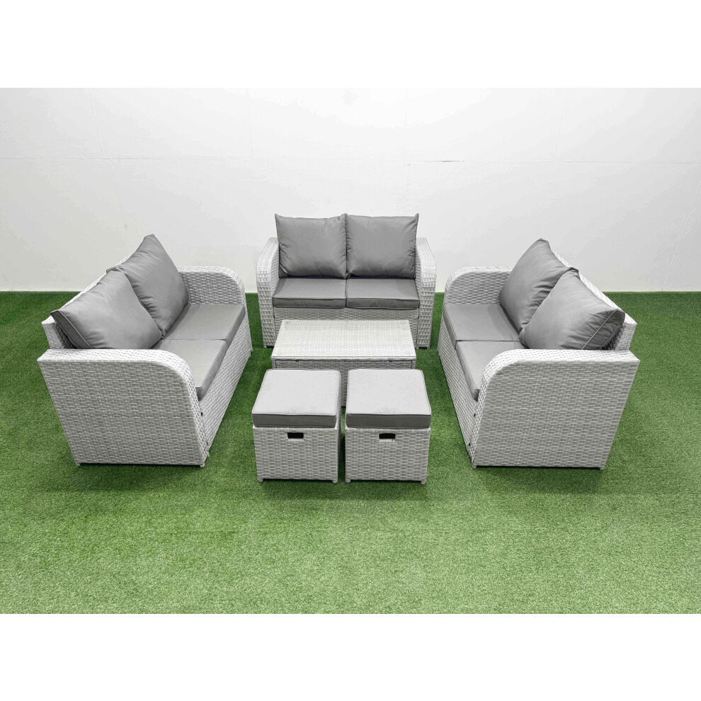 Fimous  8 Seater PE Wicker Rattan Furniture Sofa Sets with Rectangular Coffee Table 2 Seater Love Sofa 2 Stool Light Grey