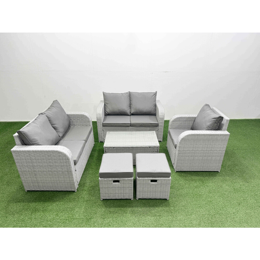 Fimous High Back Poly Rattan Garden Furniture Set with Rectangular Coffee Table Indoor Outdoor Patio  Set 2 Stool Light Grey