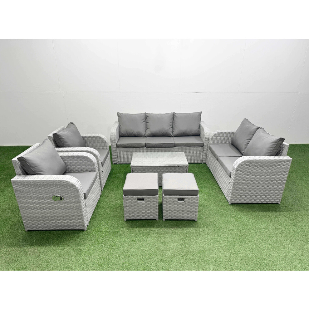 Fimous PE Rattan Garden Furniture Set Adjustable Chair Sofa Double Love Seat 2 Seater Sofa Lounge Set Oblong Coffee Table 2 Stools