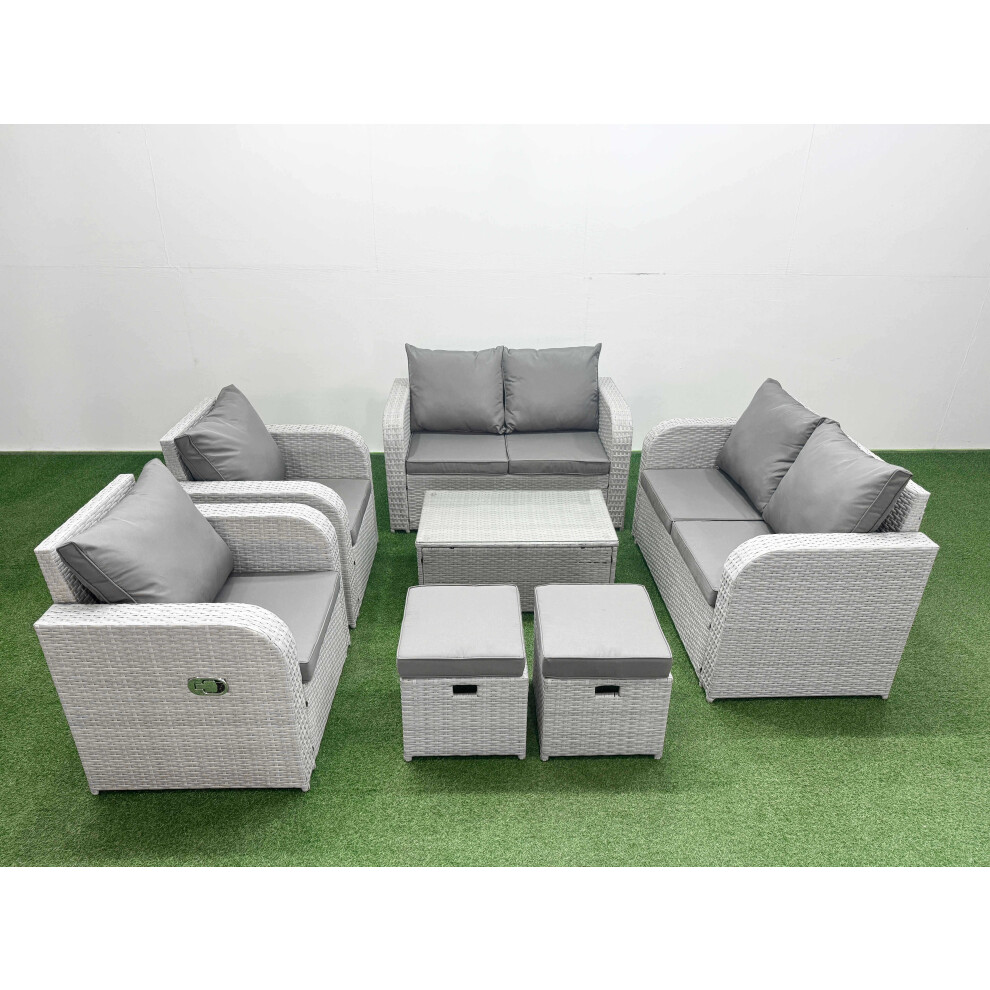 Fimous 8 Seater Outdoor Reclining Chair Love Sofa Set Rattan Garden Furniture Set with Rectangular Coffee Table 2 Stools